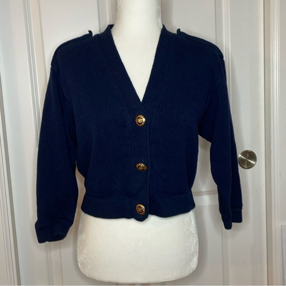 Vintage St. John by Marie Gray Crop Sweater Jacket Size Large Blue Gold Nautical